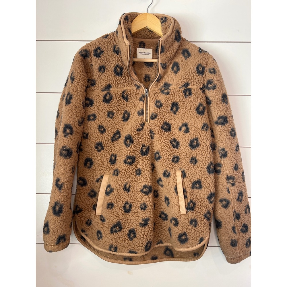 Abercrombie & Fitch Leopard Print Sherpa Fleece Quarter Zip Pullover Tan Small